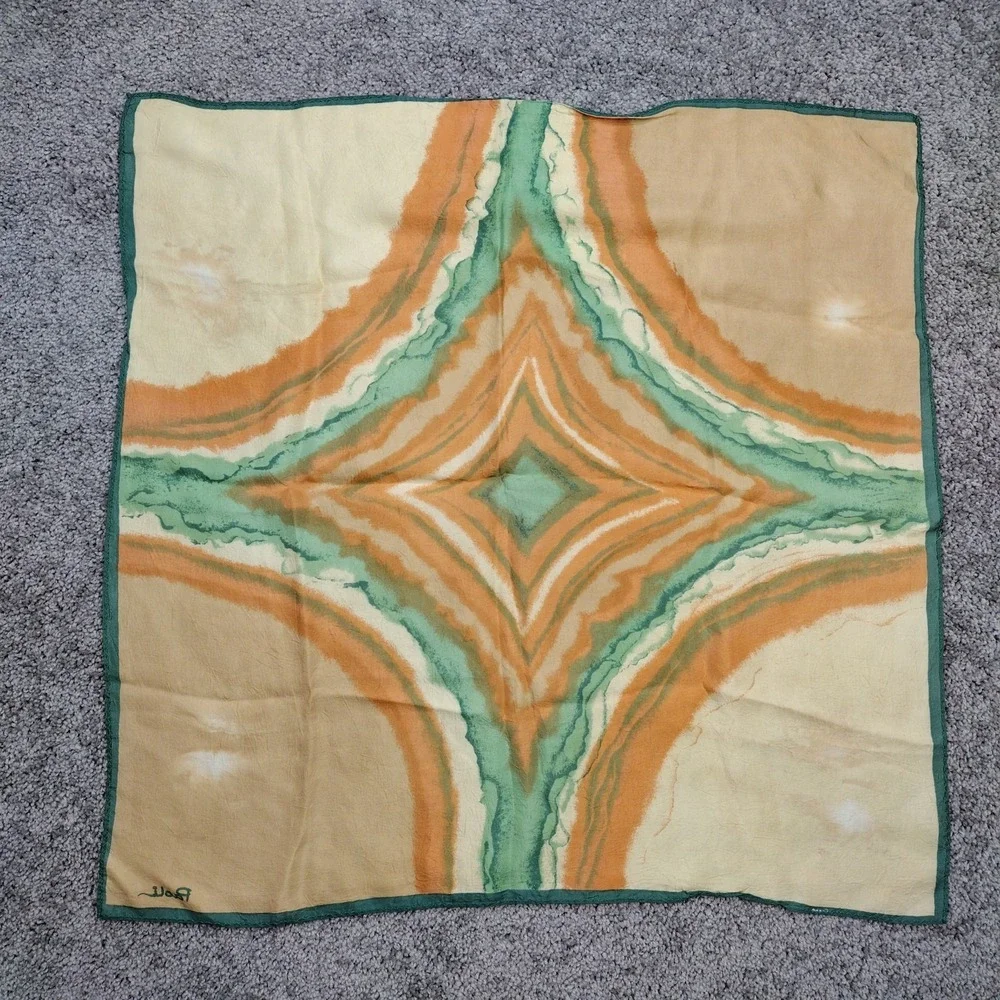 VTG Paoli Silk Scarf Abstract Landscape Waves Teal Ochre Orange Earthy